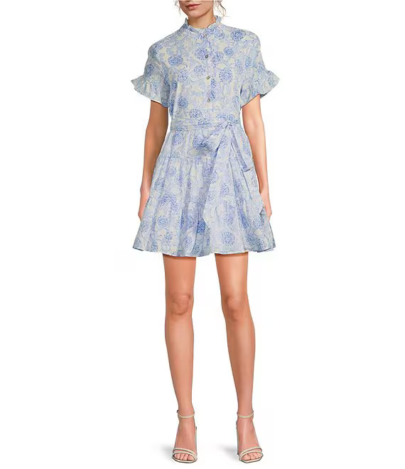 Palmer Floral Print Short Ruffled Sleeve Belted Button Front Dress | Dillard's