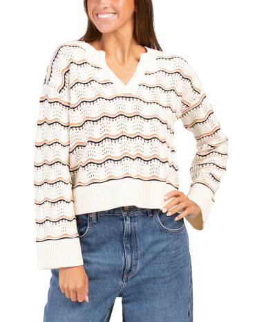 Pointelle And Stripe Sweater | TJ Maxx