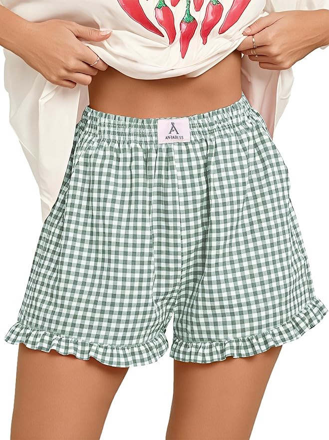 ANRABESS Womens Ruffle Boxer Shorts Pajama Gingham Shorts Summer Casual Lounge Sleep Plaid Beach ... | Amazon (US)