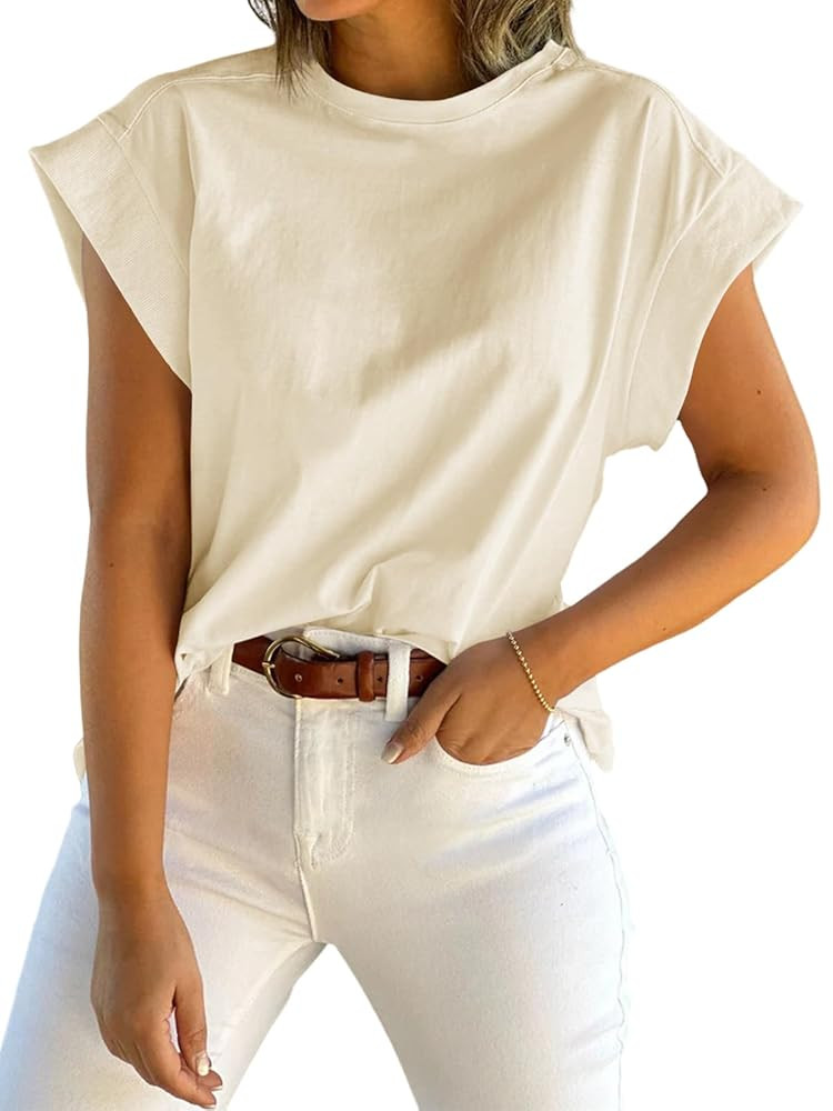 Tankaneo Womens Summer Cap Sleeve Tank Top Crew Neck Solid Casual Loose Fit Basic Tee Shirt | Amazon (US)