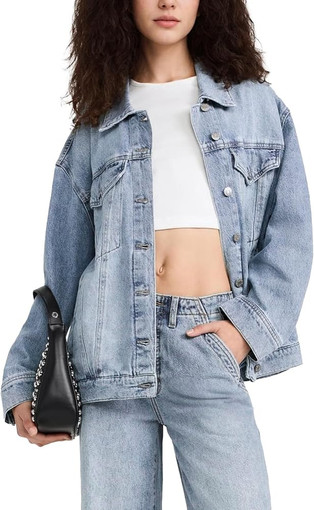 Hixiaohe Oversized Jean Jacket Women Fashion Long Sleeve Button Down Denim Jacket Loose Boyfriend... | Amazon (US)