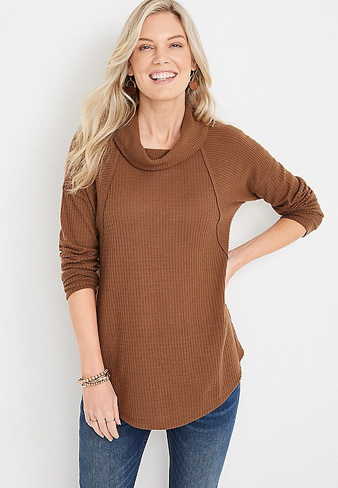 Wayside Solid Waffle Cowl Neck Top | Maurices