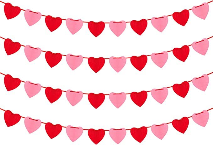 Felt Heart Garland for Valentines Day Decor - 40 PCS Pink & Red Hanging String Hearts - NO DIY - ... | Amazon (US)