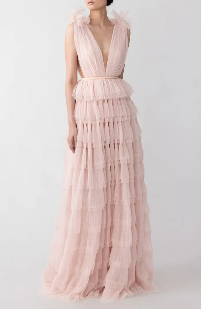 Sabrina Plunge Neck Tiered Tulle Gown | Nordstrom