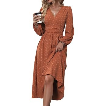 Mettclasi Women's Spring Fall Swiss Dot V-Neck Midi Dress Casual Puff Long Lantern Sleeve A-Line ... | Amazon (US)