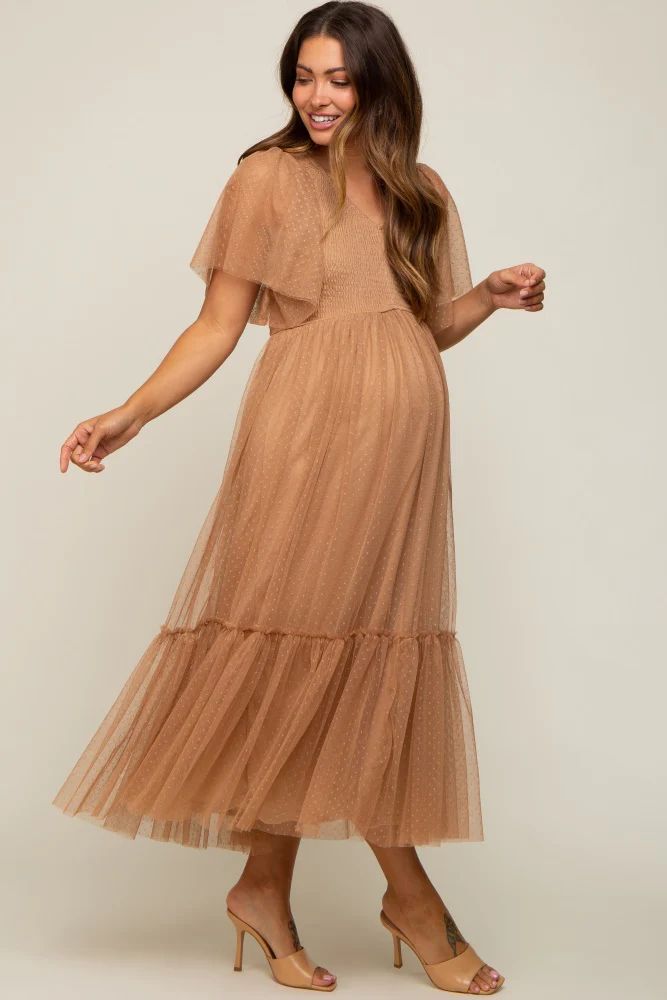 Mocha Dotted Tulle Smocked Maternity Midi Dress | PinkBlush Maternity