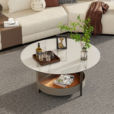 Artloge Round Coffee Side Table with Sintered Stone-Top Microfiber Saddle Leather Shelf | Target