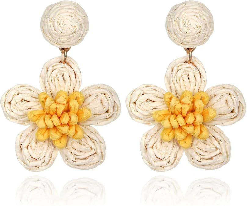 Raffia Cute Flower Earrings, Handmade Floral Raffia Statement Drop and Dangle Earrings Summer Tro... | Amazon (US)