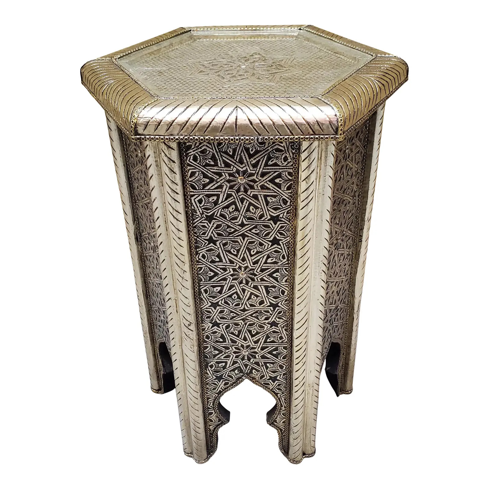 Moroccan Hexagonal Metal Inlaid Side Table with Silver Finish | Chairish