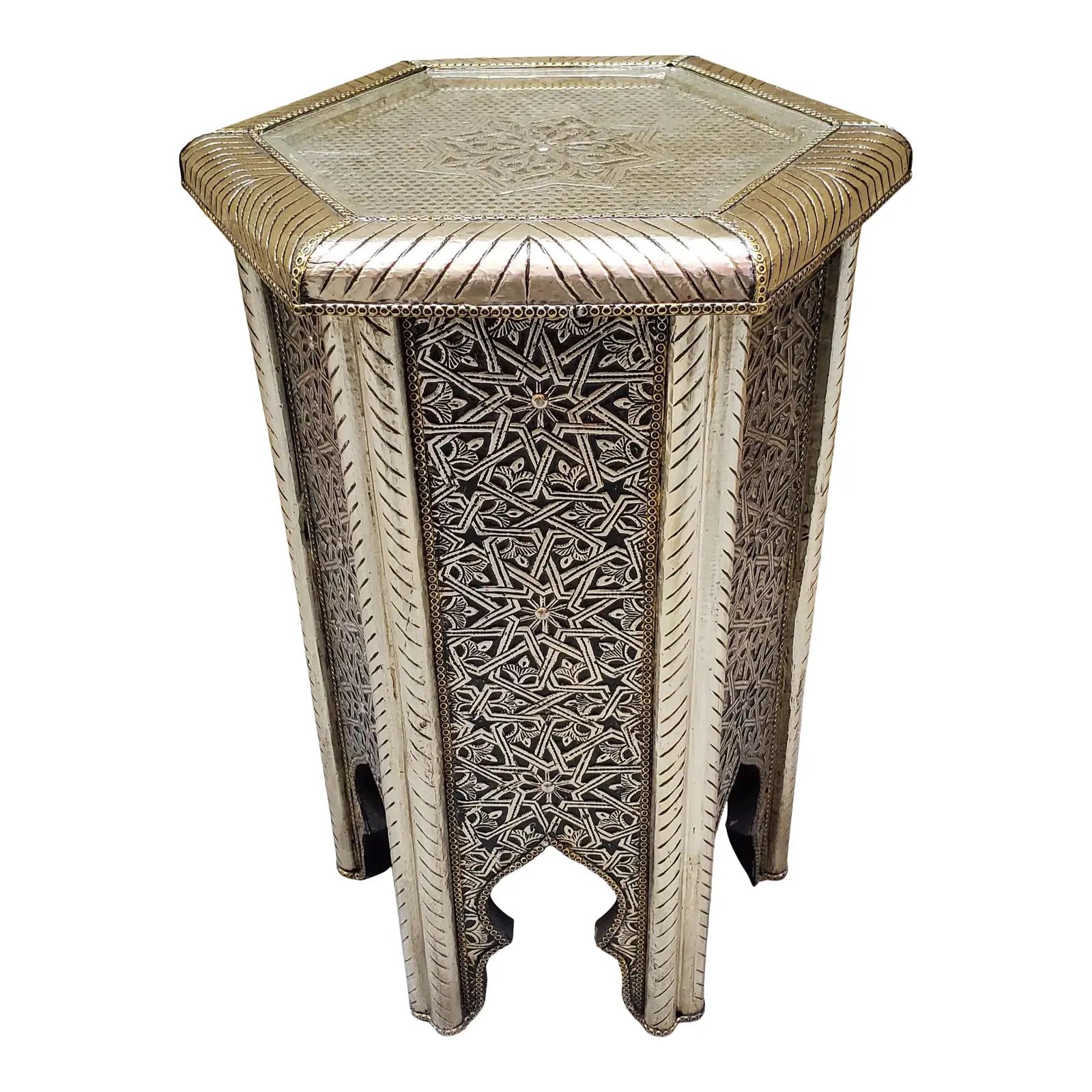 Moroccan Hexagonal Metal Inlaid Side Table with Silver Finish | Chairish