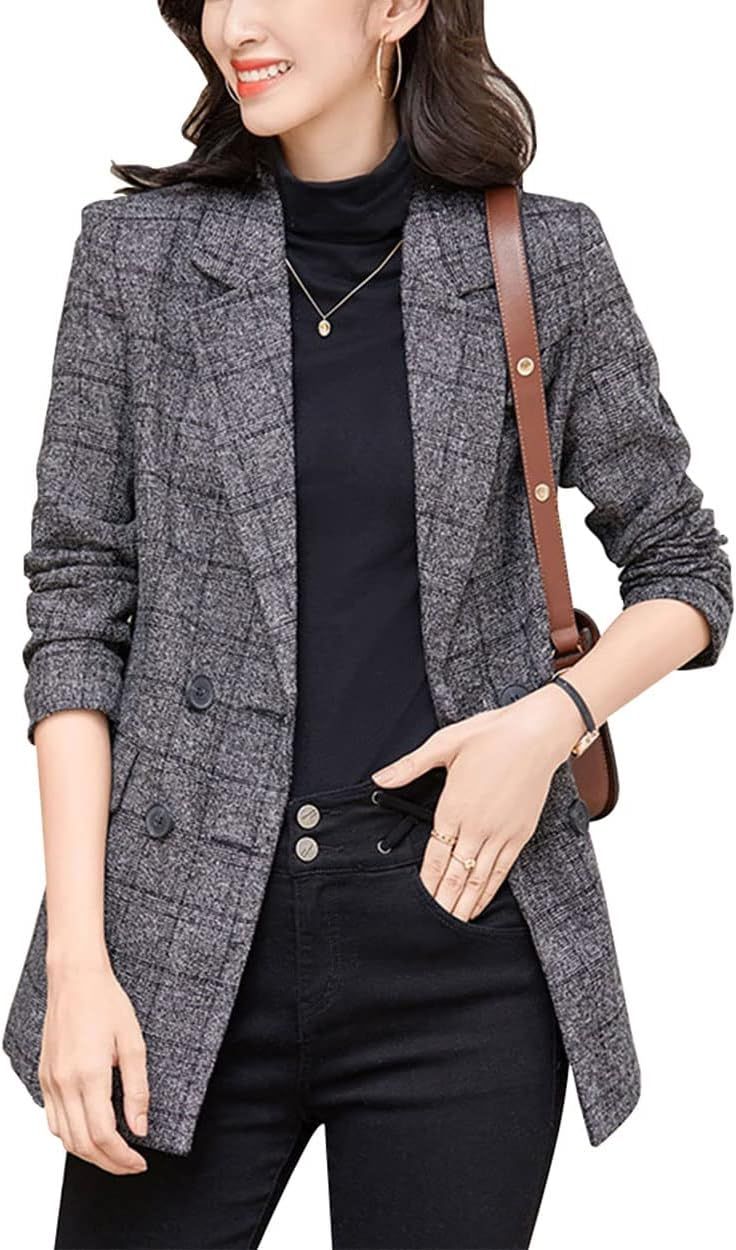 ebossy Women's Notch Lapel 2 Button Boyfriend Blazer Suit Houndstooth Plaid Jacket Coat | Amazon (US)