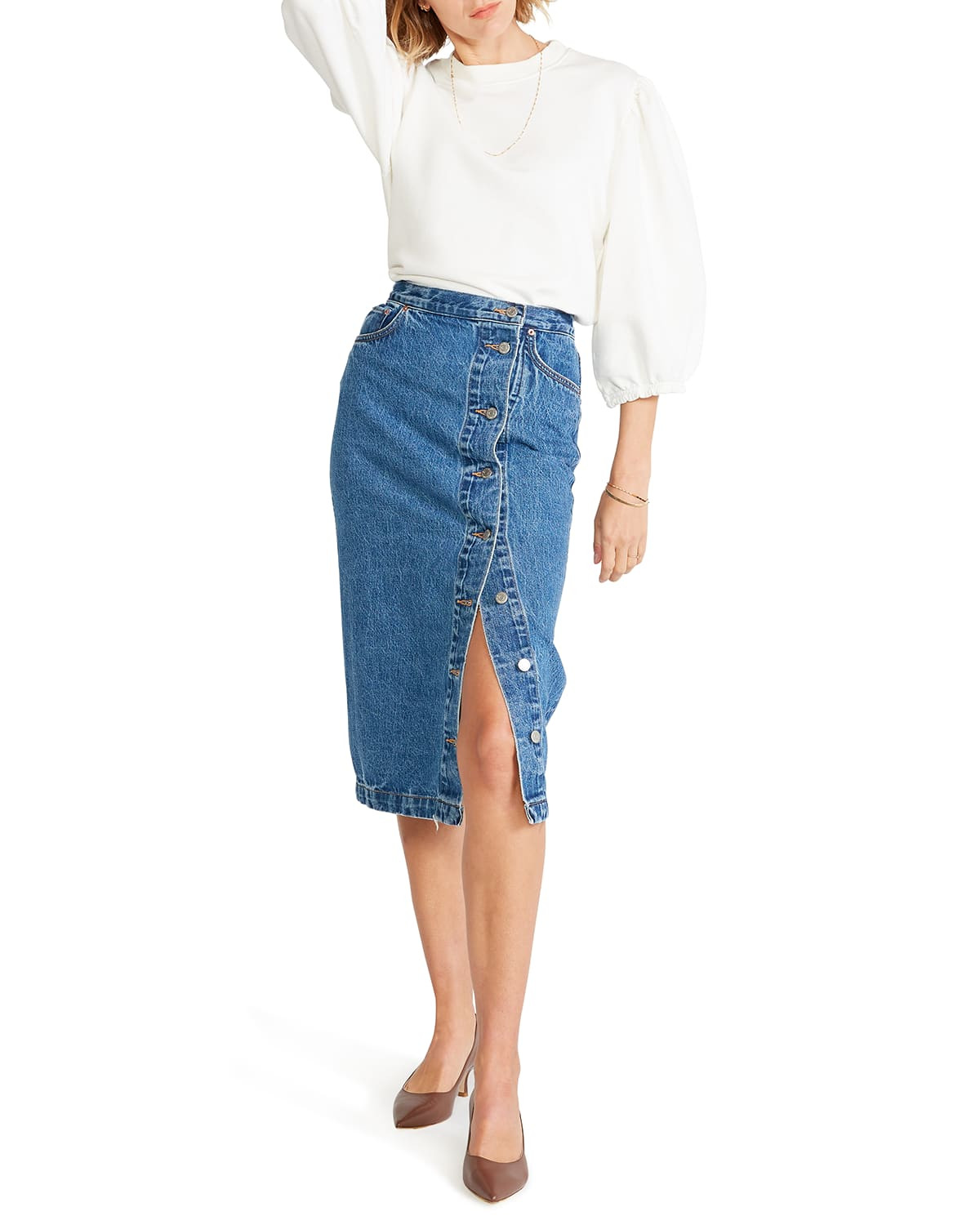 Kyla Side-Slit Denim Skirt | Neiman Marcus