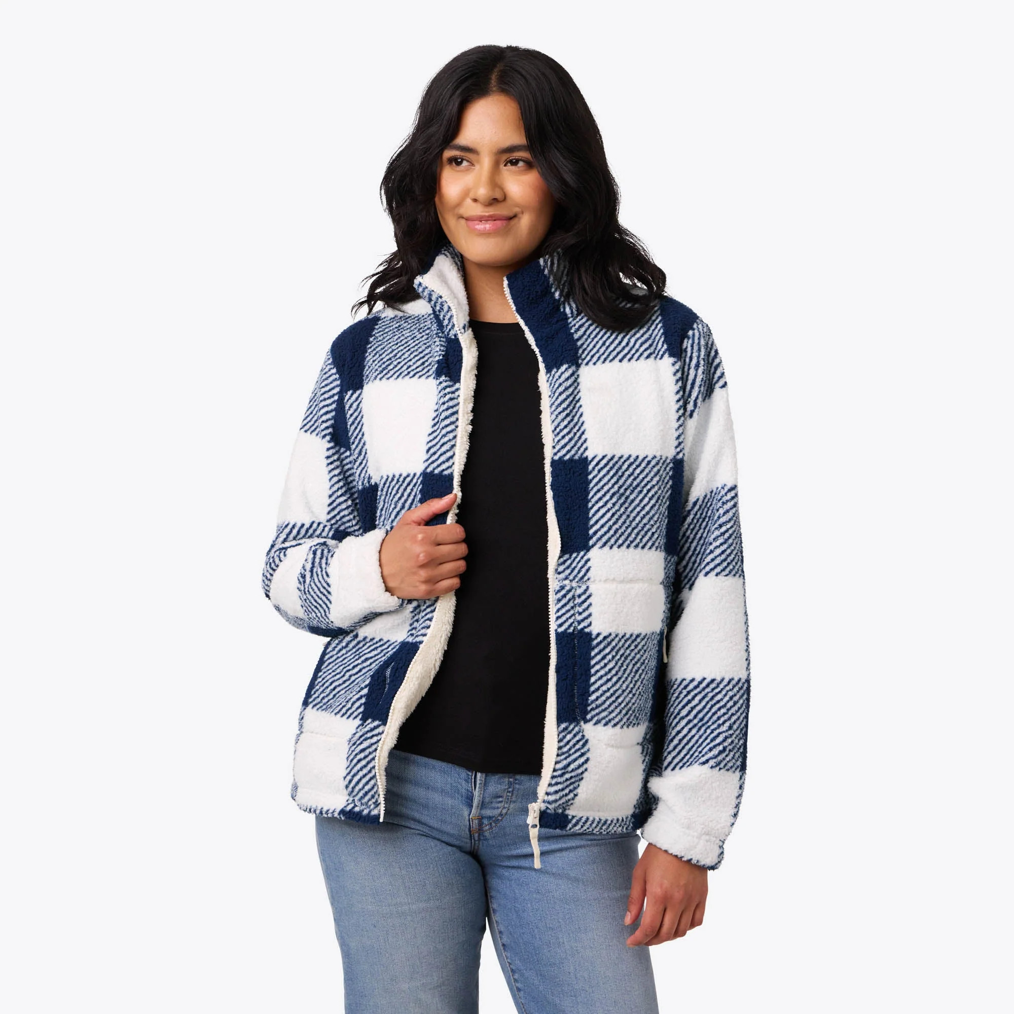 Upland High-Pile Printed Long Jacket Women's - Blue Plaid | Fieldsheer