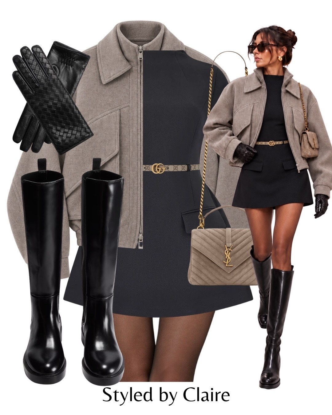 CHIC GIRL STYLING🖤
Tags: odd muse cap sleeve mini dress black Gucci belt grey knit jacket oversized pockets knee high leather boots bottega woven gloves Parisian city break inspo outfit ideas date night girls trip Paris London Parisian style