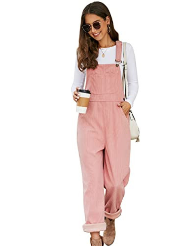 Flygo Corduroy Overalls for Women Loose Fit Adjustable Straps Long Bib Pants Wide Leg Jumpsuits with Pockets(Pink-S) | Amazon (US)