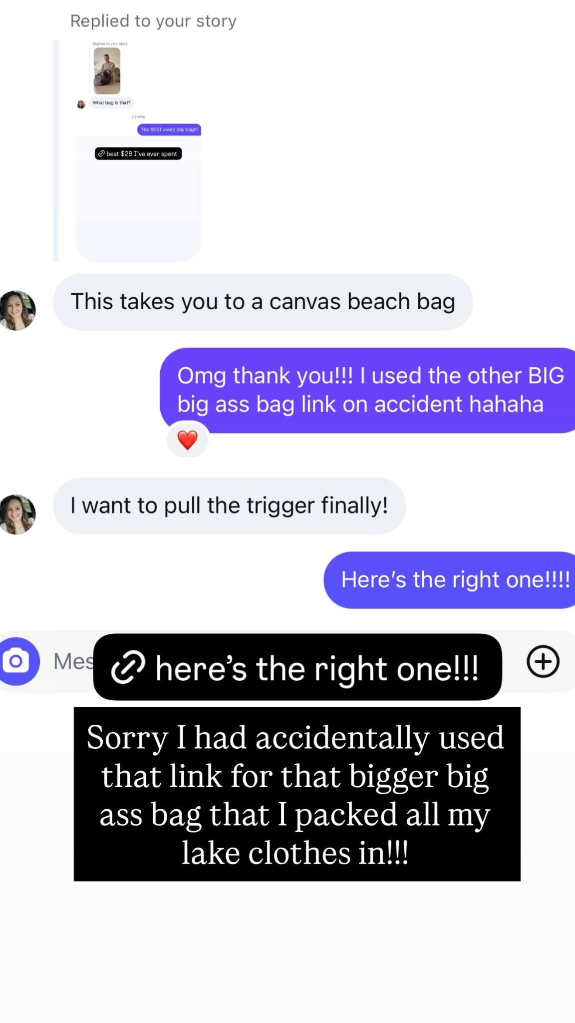 Sorry I had accidentally used that link for that bigger big ass bag that I packed all my lake clothes in!!!