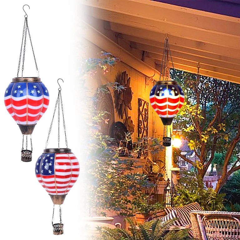 Hot Air Balloon Solar Lantern with Flickering Flame Light Outdoor 4th of July Decorations Patriot... | Walmart (US)