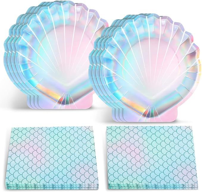 40 Pcs Iridescent Mermaid Party Supplies Set, 20 Clam Shell Plates and 20 Mermaid Scales Napkins ... | Amazon (US)