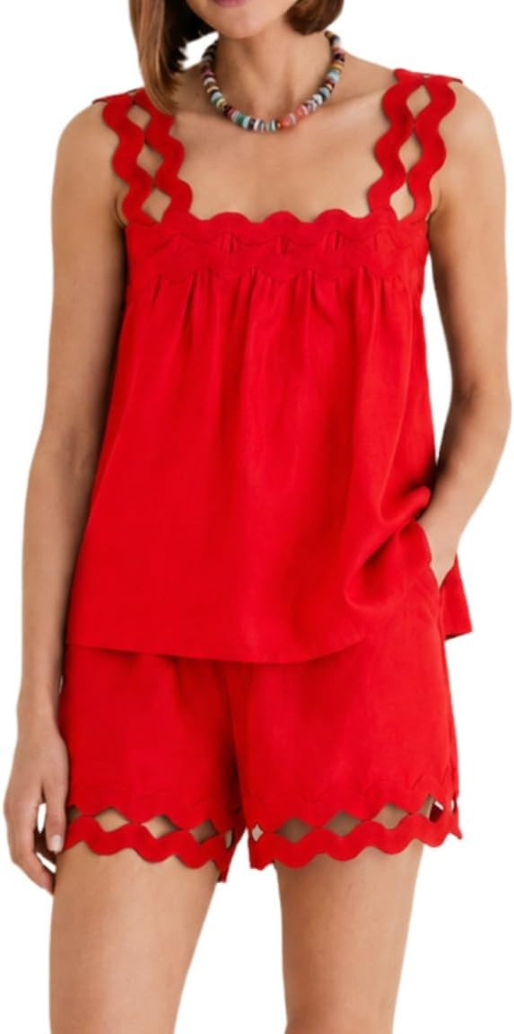 VAOYIU Two Piece Set Wave Scallop Tank Top Elastic Waist Shorts | Amazon (US)