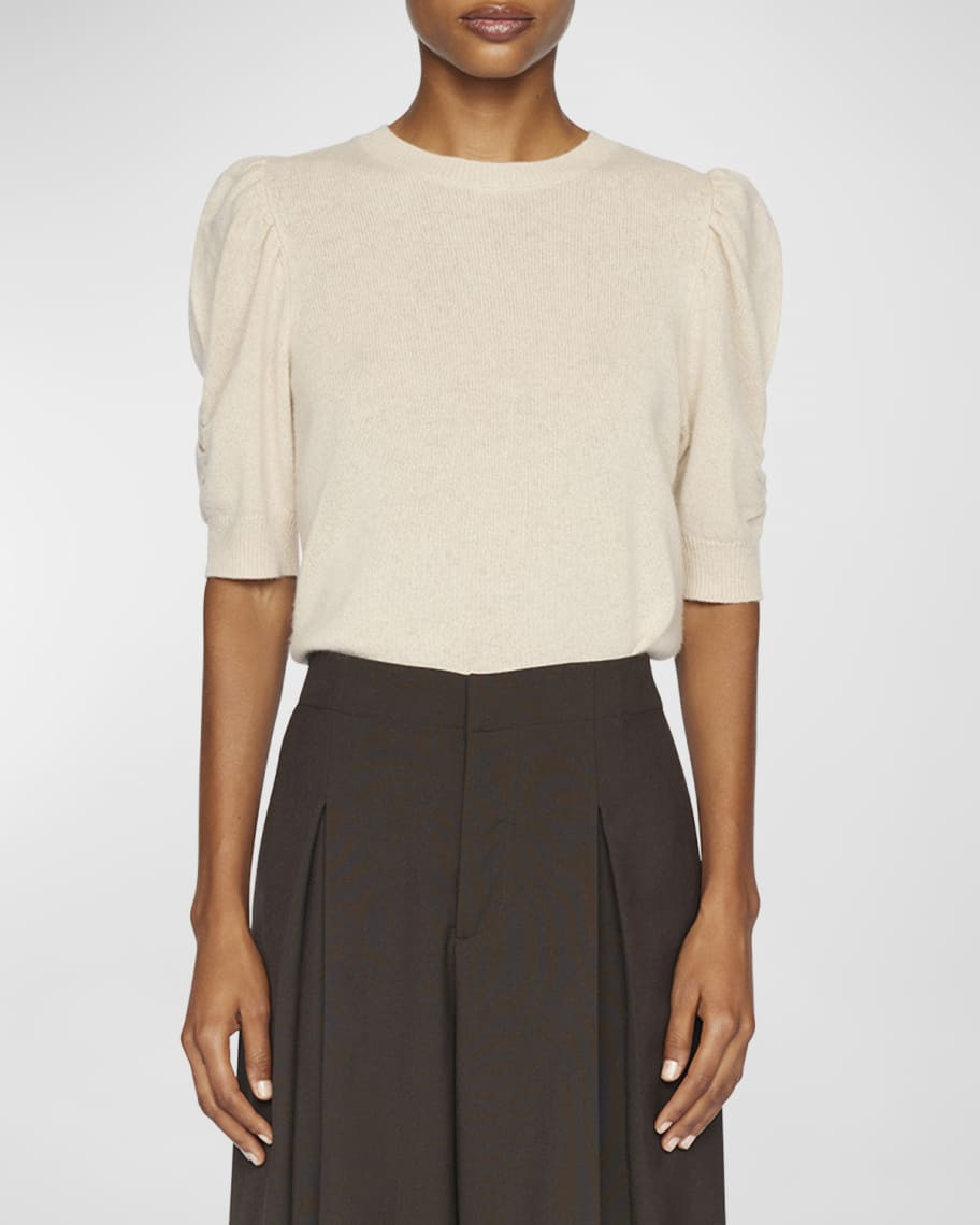 Frankie Cashmere/Wool Puff-Sleeve Crewneck Sweater | Neiman Marcus