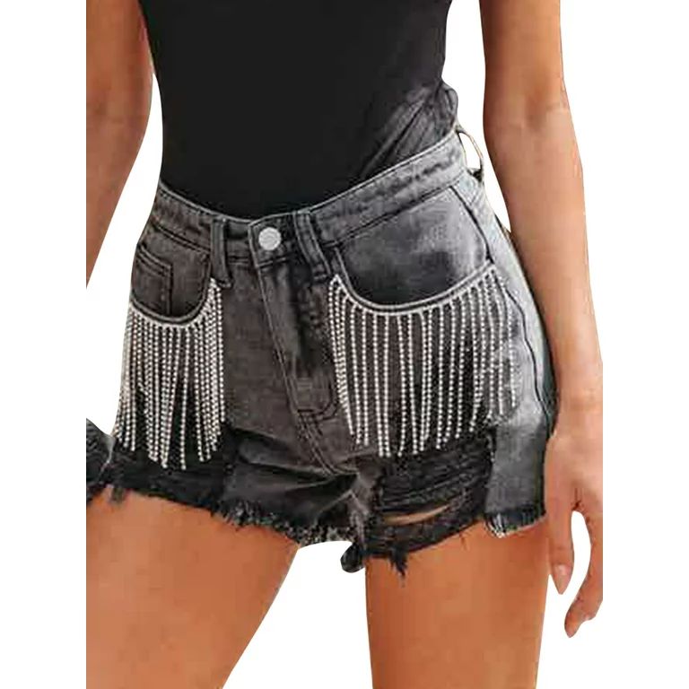 Niuer Women Casual Tassel Bottoms Ladies Stretch Jeans Button Holiday Frayed Raw Hem Fashion Shor... | Walmart (US)