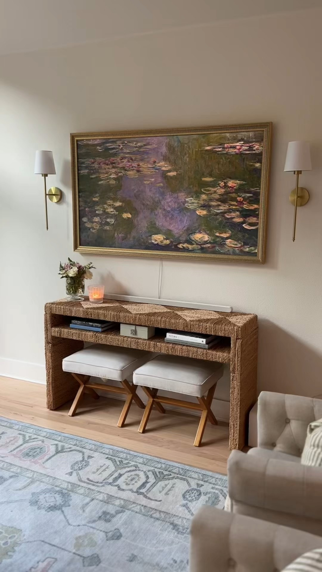 Living room progress so far! Planning on getting a larger console table but this works for now 💗 