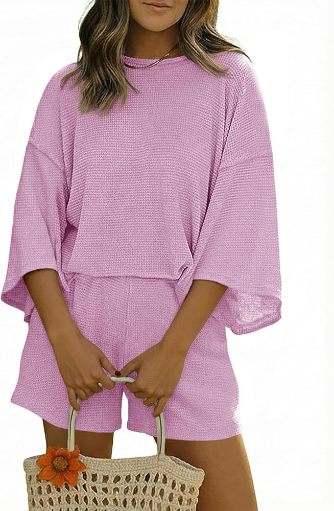 Tankaneo Womens Short Sets 2 Piece Outfits 3/4 Sleeve Tops and Elastic Waist Shorts Lounge Set Ca... | Amazon (US)