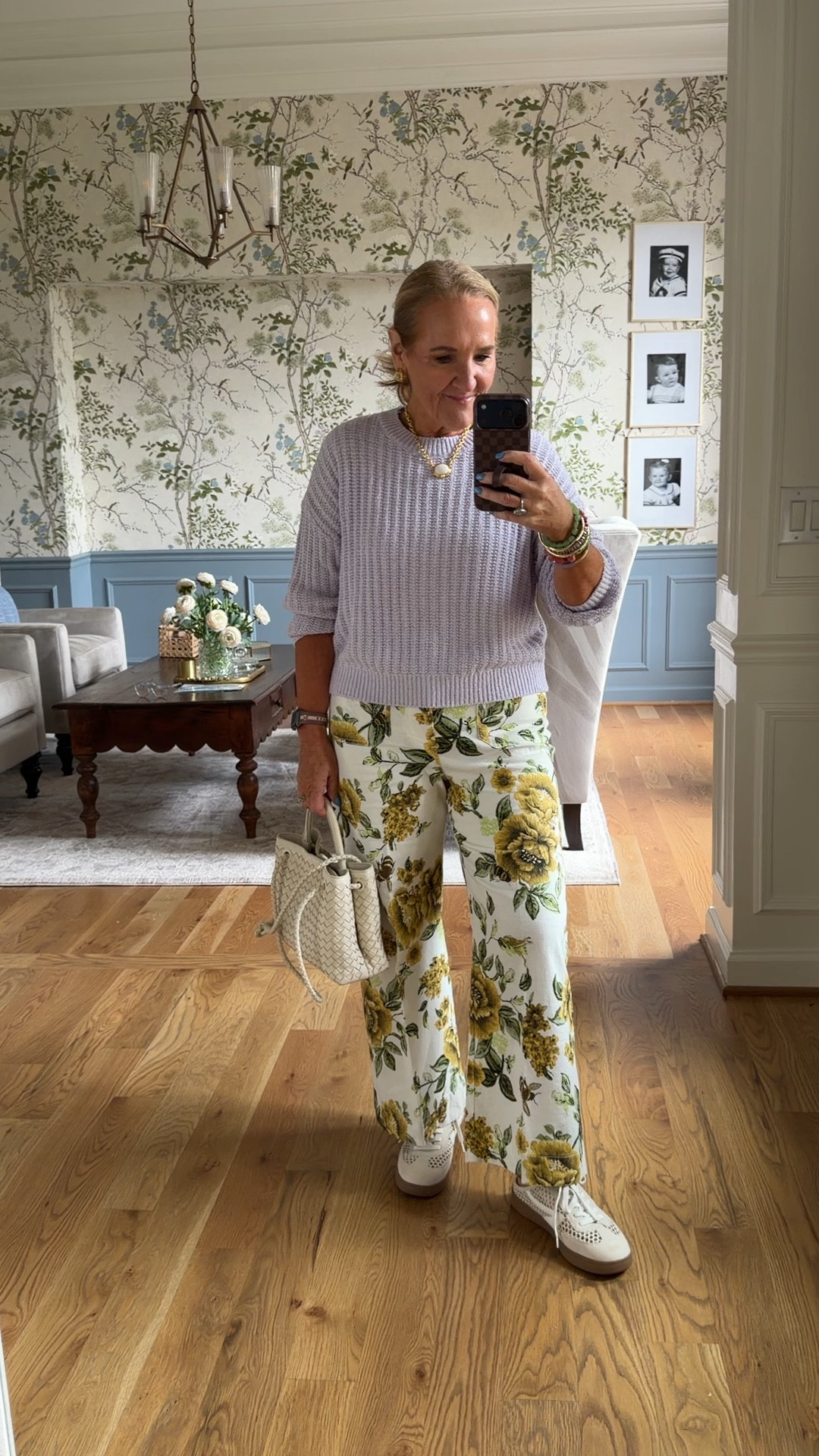 I love how the lilac  offsets, the olive green and yellow in these floral Colette pants.
Sweater size medium
Pants size 29 regular
I’ll link similar wedges and a similar bag
20% off my bracelet stack code NANETTE20

#LTKSeasonal #LTKootd #LTKOver40