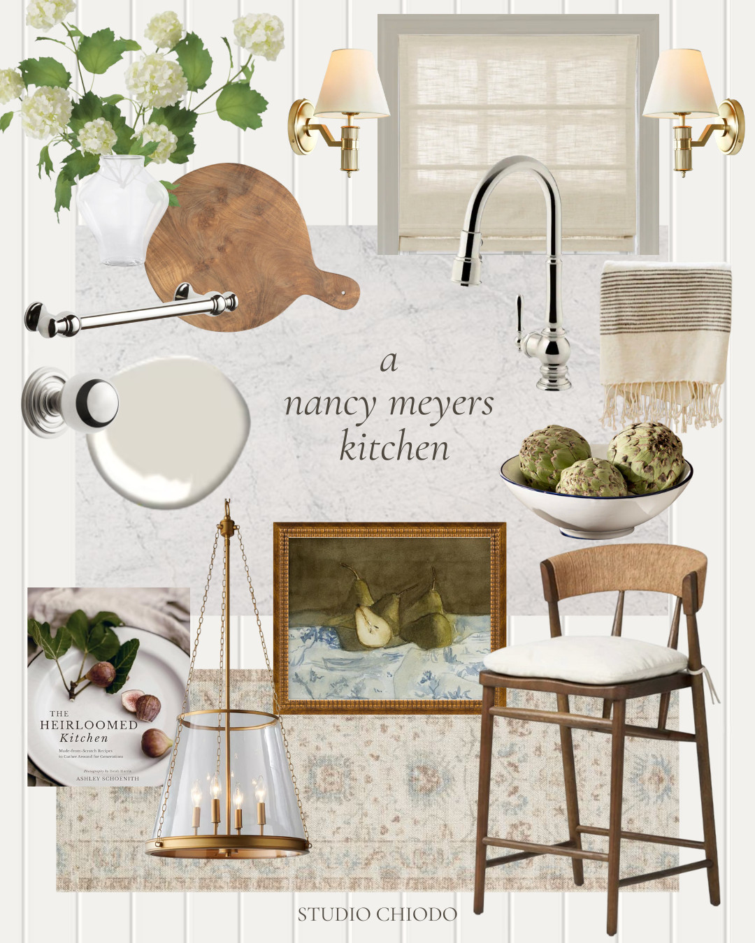 A classic Nancy Meyers inspired kitchen mood board! Wall color: White Dove by Ben Moore. Cabinet color: Pale Oak by Ben Moore. Countertops: white carrara marble. Polished nickel faucet & hardware.  

 #LTKHome