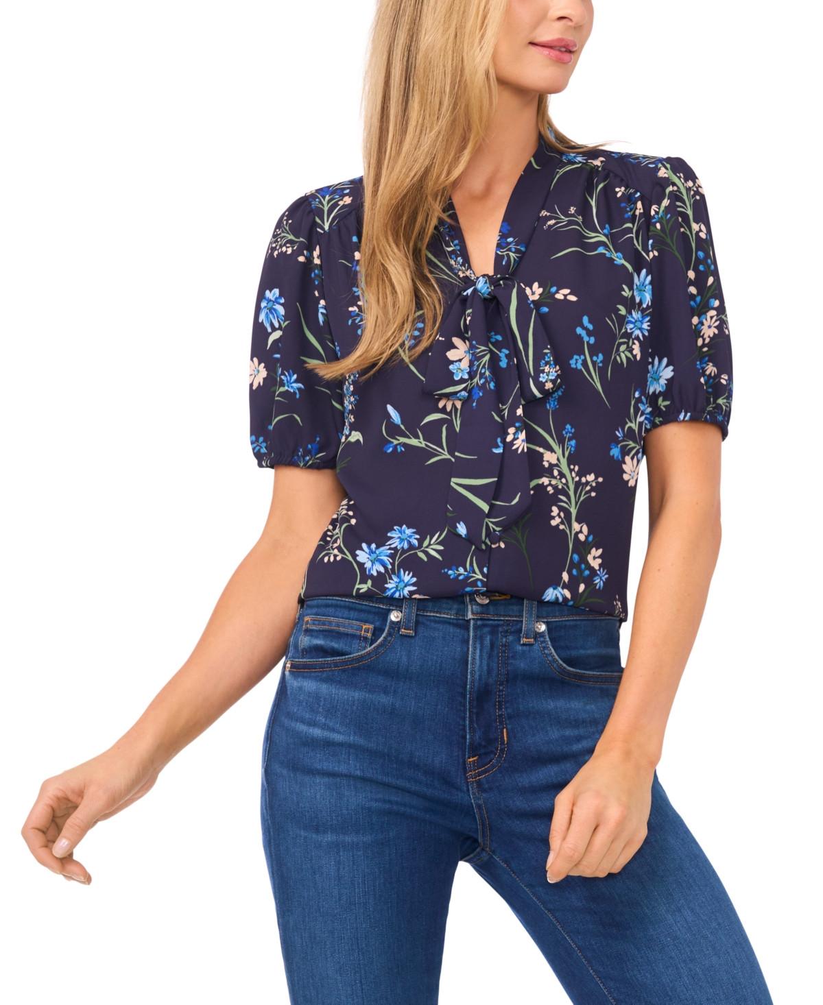 CeCe Women's Short-Sleeve Bow Tie Shirred Top - Classic Navy | Macy's