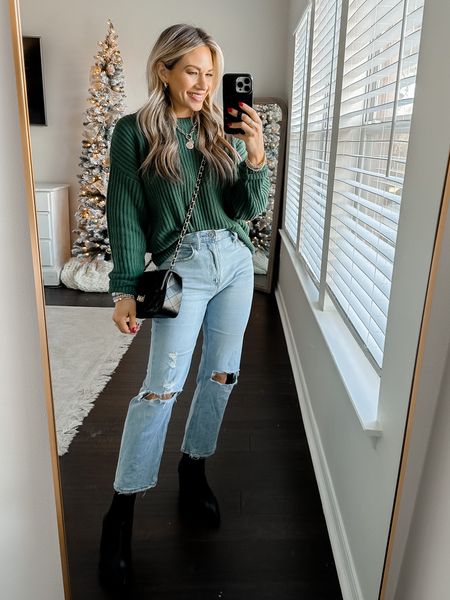 Wearing a small in target sweater and 25 short in Abercrombie jeans. Both runs tts // 

Abercrombie mom jeans. Holiday outfit. Holiday style. Casual style. Casual outfit. Green sweater. Holiday sweater  

#LTKunder50 #LTKHoliday #LTKSeasonal