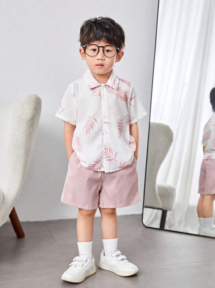 SHEIN Young Boys' Casual Short Sleeve Plant Printed Vacation Outfits | SHEIN