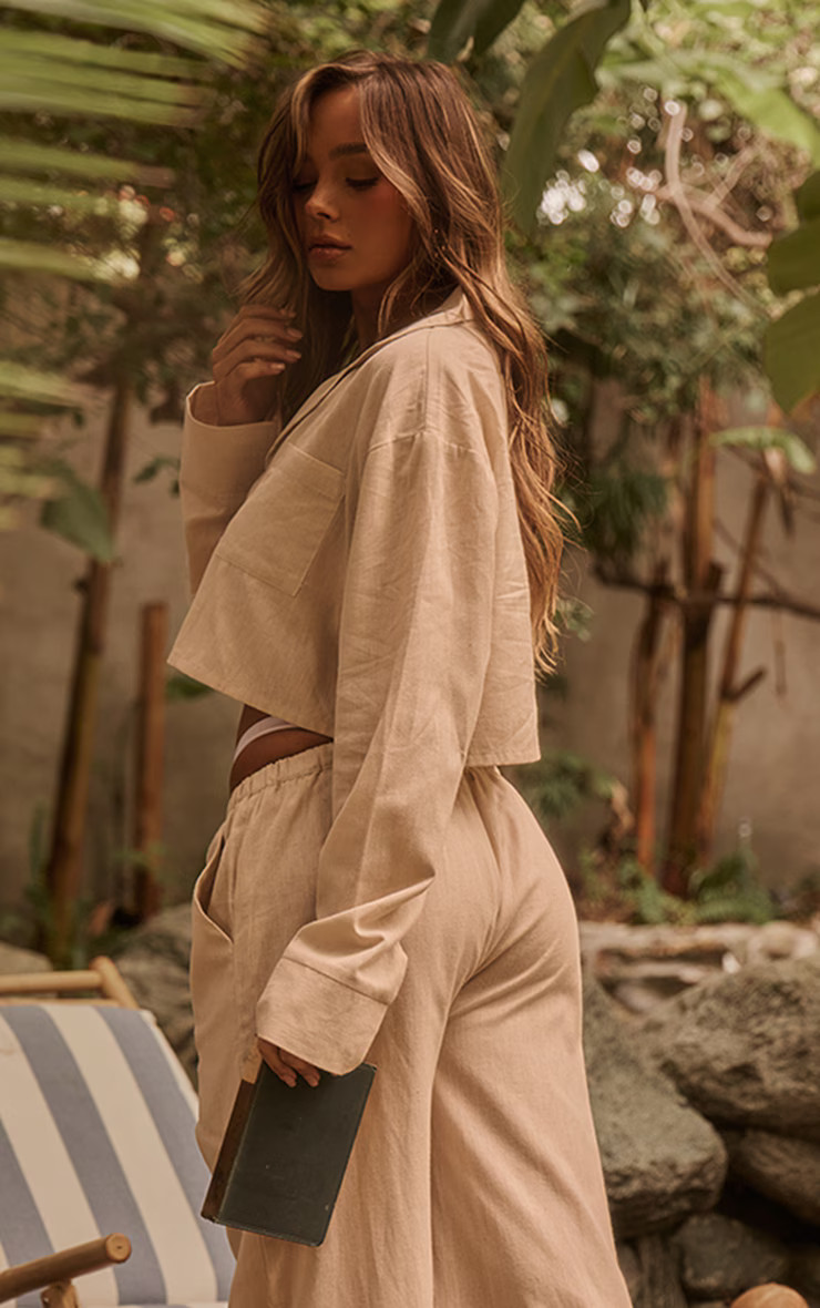 Stone Linen Look Cropped Beach Shirt | PrettyLittleThing UK