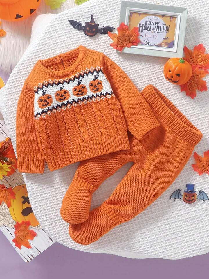 Conjunto de suéter de manga larga y pantalones con pies con temática de calabaza de Halloween p... | SHEIN