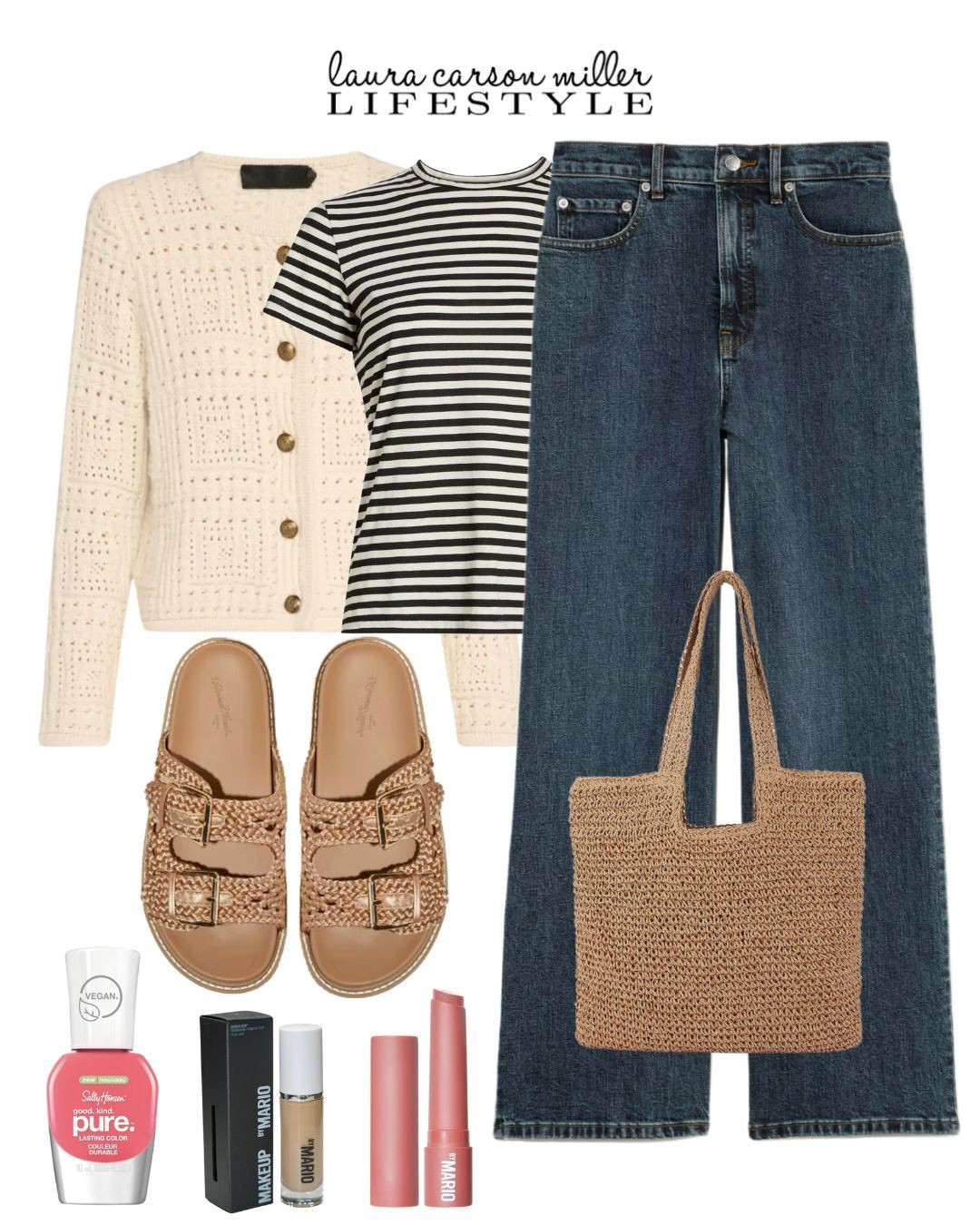 This high - low outfit covers all the bases. Great for travel or every day life. A beautiful cashmere cardigan is pre-spring ready for chilly mornings and evenings and a great pair of straight leg jeans flatters every figure. 
Laura carson miller, jeans, cashmere cardigan, straw bag, sandals, striped tee, vacation outfit, client meeting outfit, resort style, spring break outfit, travel style, wedding guest brunch, peachy pink makeup 

#LTKSpringSale #LTKFindsUnder50 #LTKWedding