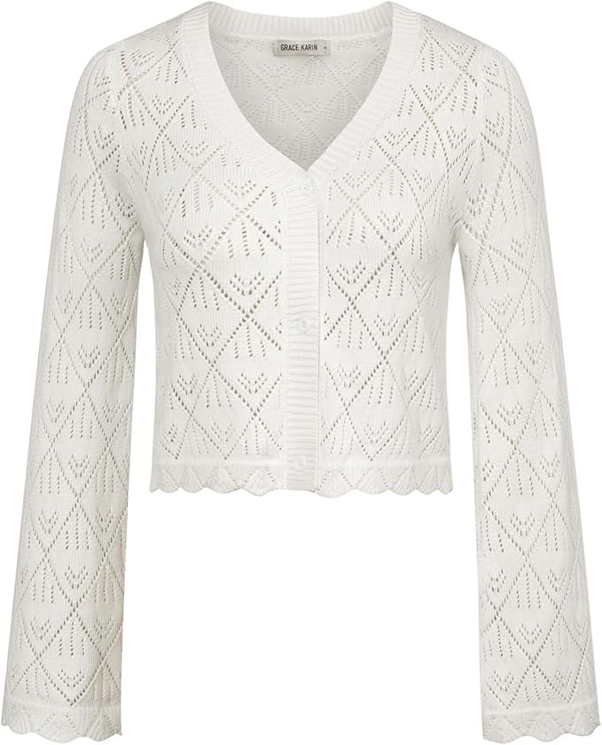 GRACE KARIN Cardigan Sweaters for Women Lightweight Button Down Open Front Short Crochet Shrug Lo... | Amazon (US)