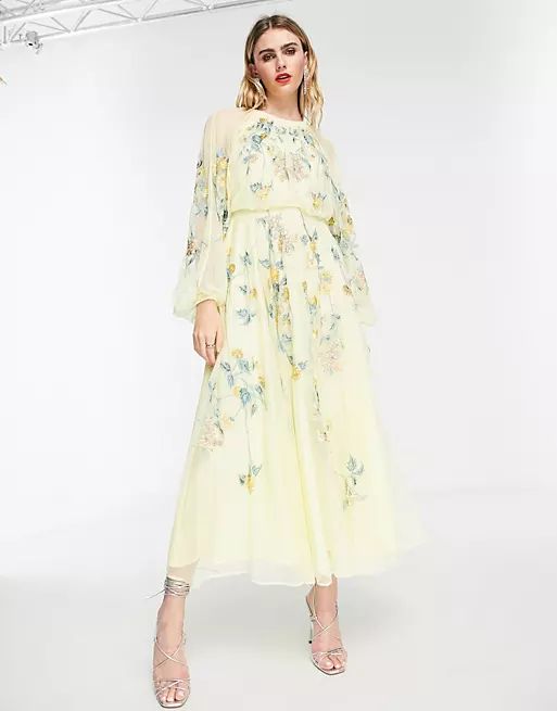 ASOS EDITION floral embroidered mesh midi dress with blouson sleeves in lemon | ASOS (Global)