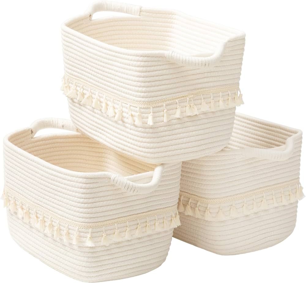 TeoKJ White Cotton Ropen Baskets for Storage, Set of 3 Woven Clothes Basket for Organizing and St... | Amazon (US)