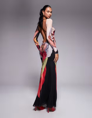AFRM long sleeve open back maxi dress in feather print | ASOS (Global)