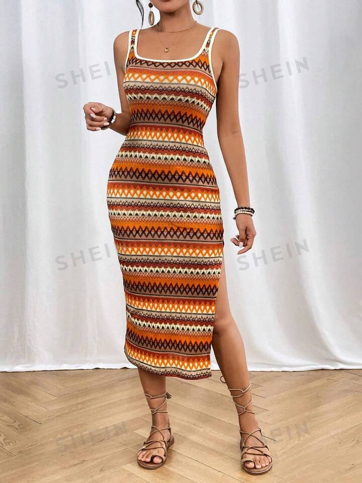 SHEIN PETITE Summer Beach Vintage Style Side Split Sleeveless Long Dress | SHEIN