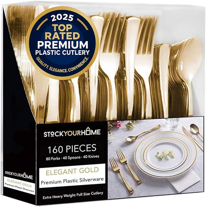 Gold Plastic Silverware Set (160 Bulk Pack) Disposable Cutlery Utensils, 80 Gold Forks, 40 Gold K... | Amazon (US)