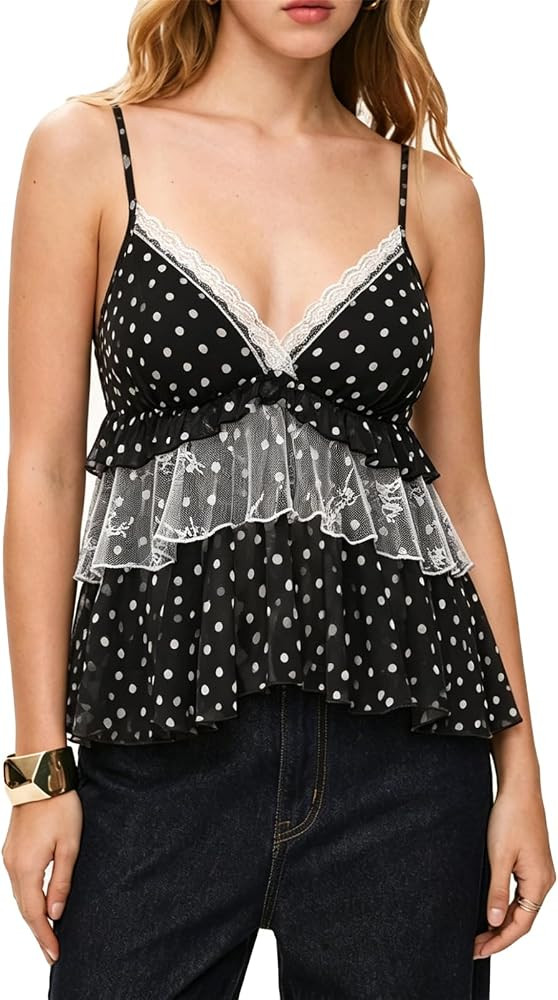 Women's Sexy Spaghetti Strap V Neck Chiffon Printed Ruffles Lace Paneled Cocktail Party Tank Tops... | Amazon (US)