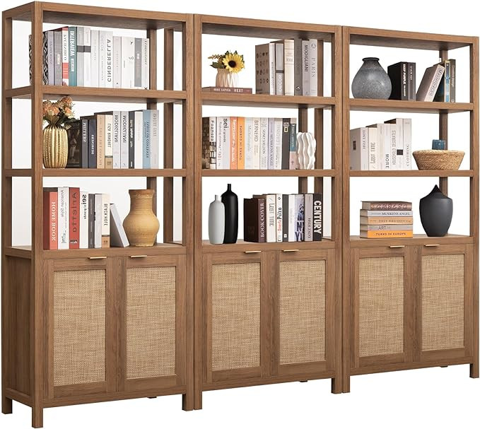 SICOTAS Bookshelf 5 Tier Book Shelf Rattan Boho 71" Tall Bookcase with Doors Storage Shelves Larg... | Amazon (US)