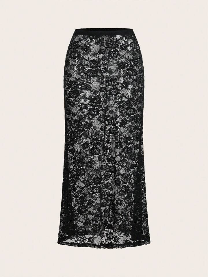 SHEIN ICON Y2k White Low-Rise Sheer Lace Long Skirt | SHEIN