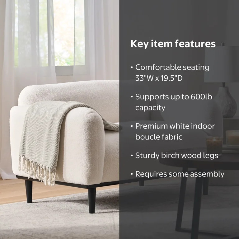 Noble House Chitwood Indoor Boucle Fabric Loveseat, White and Matte Black | Walmart (US)