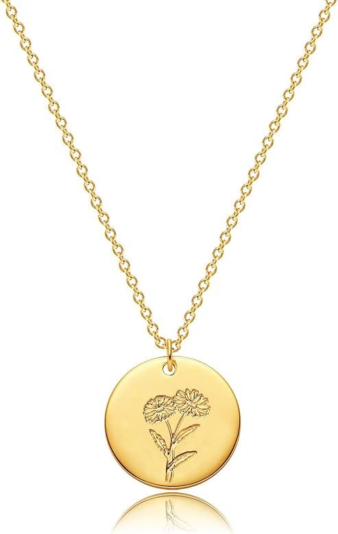MEVECCO Birth Flower Necklace 18k Gold Engraved Custom Floral Pendant Necklaces Dainty Birth Month F | Amazon (US)