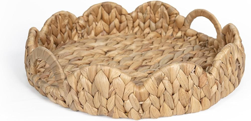 Scalloped Tray, Round Wicker Tray with Handles, Woven Basket Trays for Décor Coffee Table, Water... | Amazon (US)