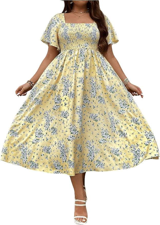 MakeMeChic Women's Plus Size Floral Print Short Sleeve Maxi Dress Square Neck Shirred High Waist ... | Amazon (US)