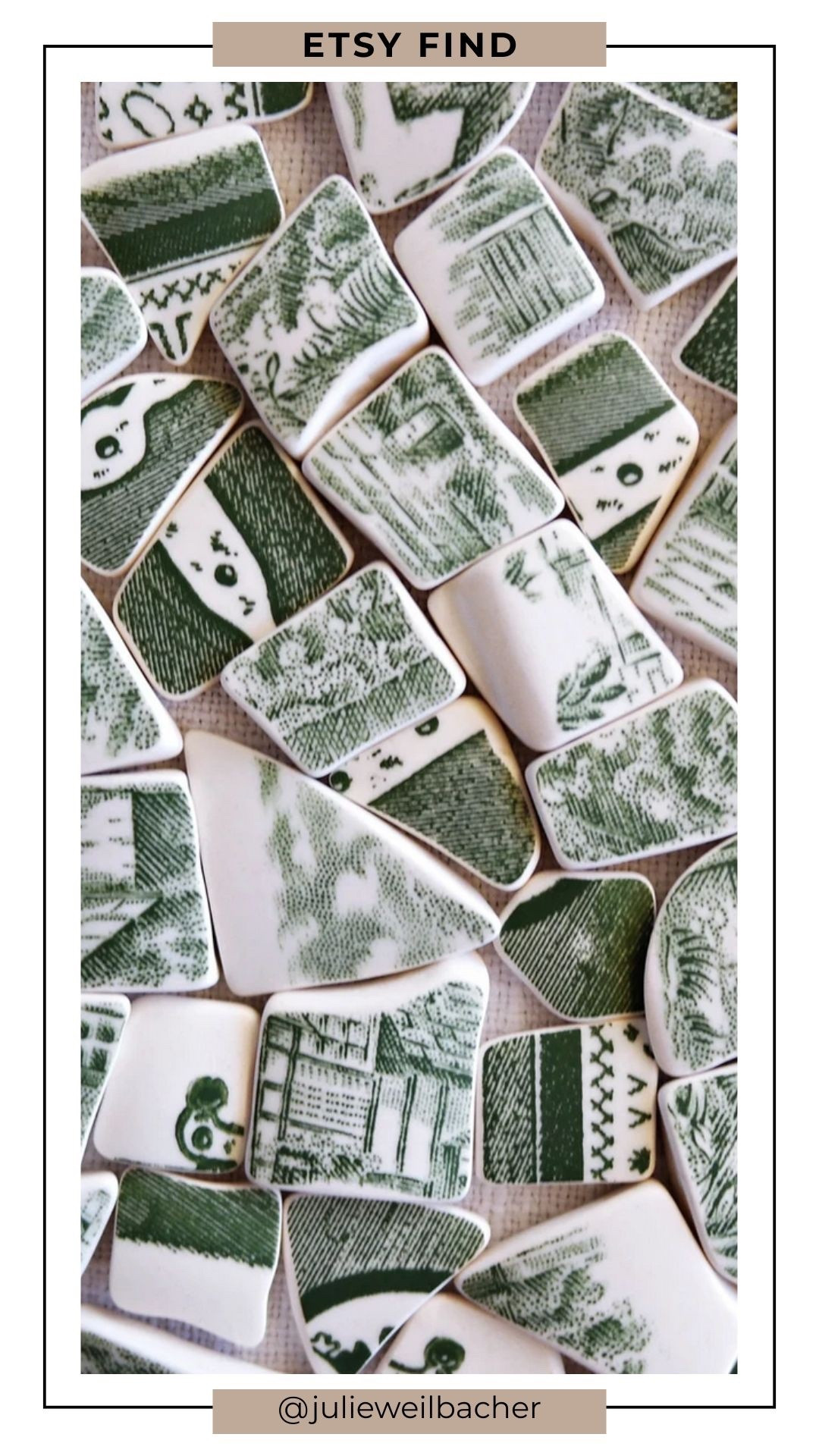 These green and white tumbled pottery pieces are full of character and vintage charm. 🌿 Their weathered edges and transferware-style patterns make them perfect for adding texture and visual interest to mosaic art. Use them as highlights or backgrounds in flower pots, stepping stones, garden mosaics, mixed media projects, or nature-inspired summer crafts. Unique, timeless, and wonderfully intriguing.

For mosaic tips, tutorials, inspiration, and so much more please visit my YouTube channel: YouTube.com/julieweilbacher, and follow @julieweilbacher on Instagram for all things mosaic art.

#mosaic #seapottery #transferware #gardenart #mixedmediaart #etsy #upcycleddecor #summercrafts #craftsnight #vintagedecor

#LTKHome