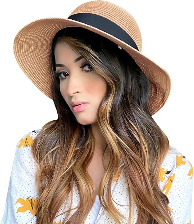 Womens Straw Sunhat with Wind Lanyard Wide Brim Classics Beach Panama Hats Foldable Summer Hat UP... | Amazon (US)